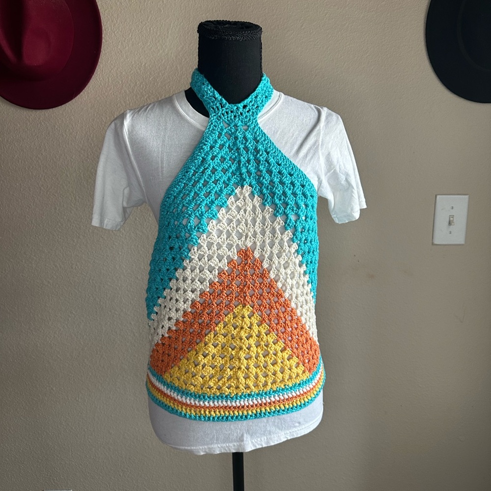 Sz L or XL New Handmade Colorful Crochet Halter Top - 100% Cotton
